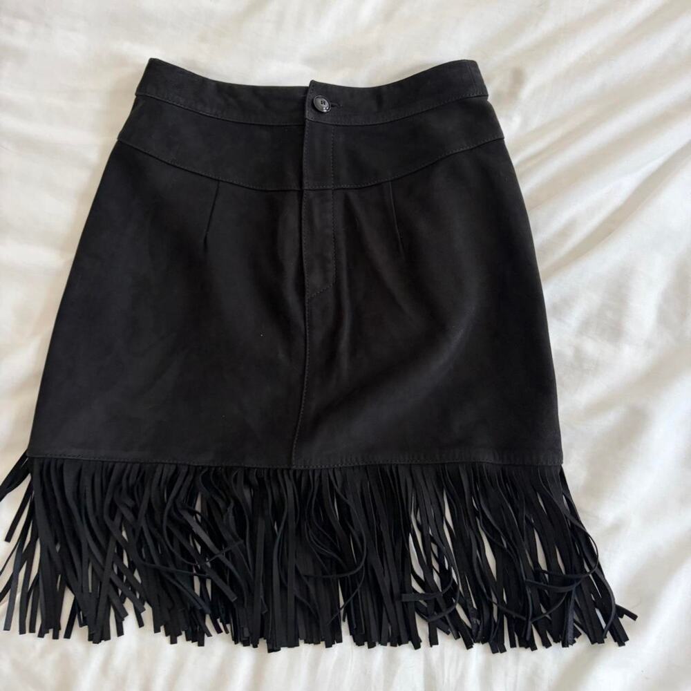 Frame black suede fringe skirt